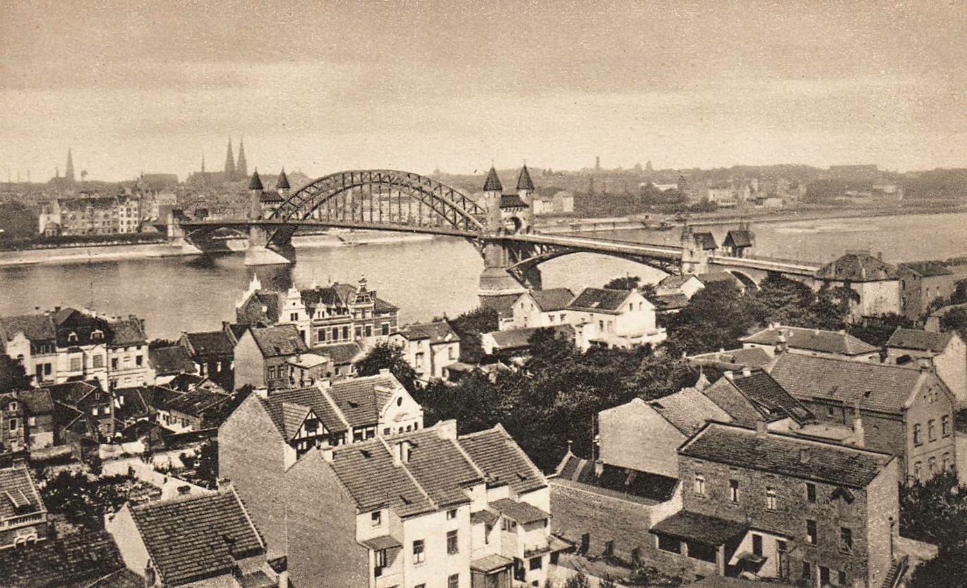 Historische Ansicht Bonns, Blick vom Beueler Rheinufer mit alter Rheinbrücke