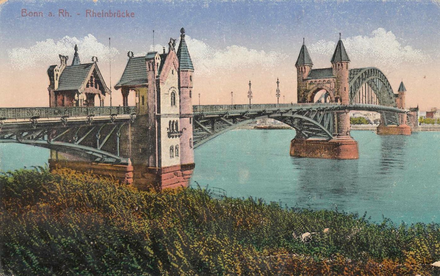 Historische Ansicht Bonns, Großaufnahme der alten Rheinbrücke mit Ufer