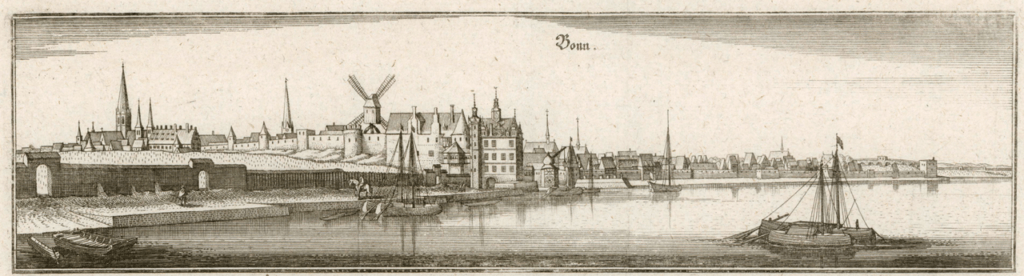 Kupferstich „Bonn von Südosten“ von Matthäus Merian dem Älteren, um 1646, mit der mittelalterlichen Stadtmauer